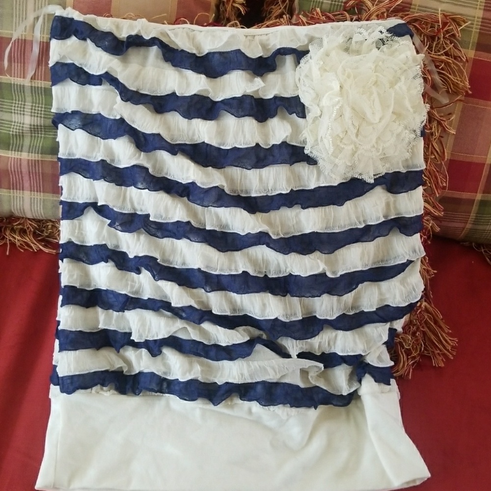 Nautical Cream and Navy Ruffle Tube Top